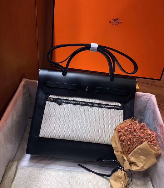 Hermes Herbag Black Linen With Imported Leather 31 Zip Tote Handbag