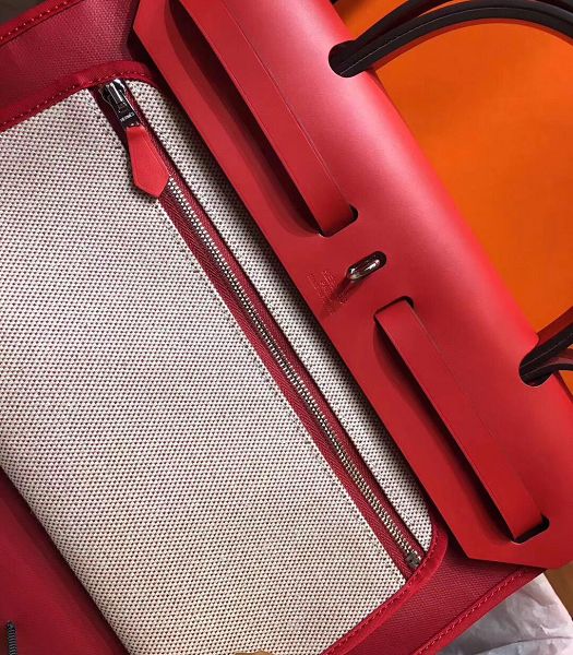 Hermes Herbag Red Linen With Imported Leather 31 Zip Tote Handbag