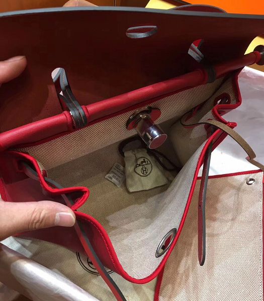 Hermes Herbag Red Linen With Imported Leather 31 Zip Tote Handbag