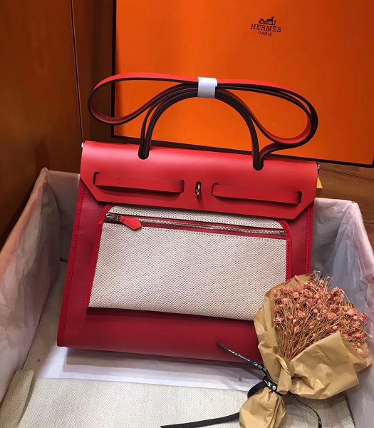 Hermes Herbag Red Linen With Imported Leather 31 Zip Tote Handbag