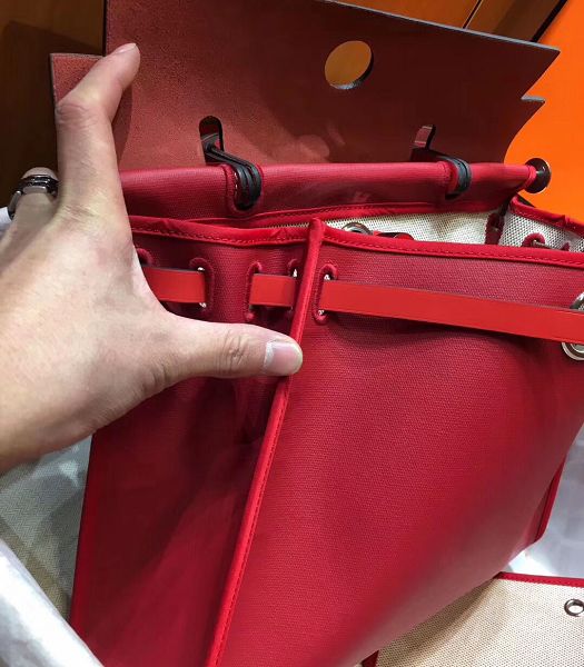 Hermes Herbag Red Linen With Imported Leather 31 Zip Tote Handbag