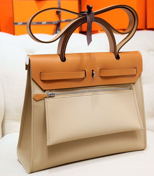Hermes Herbag White Canvas With Brown Imported Leather 31 Zip Tote Handbag
