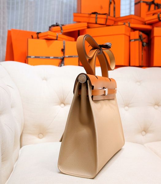Hermes Herbag White Canvas With Brown Imported Leather 31 Zip Tote Handbag