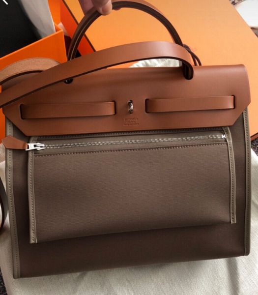 Hermes Herbag Elephant Grey Canvas With Brown Imported Leather 31 Zip Tote Handbag