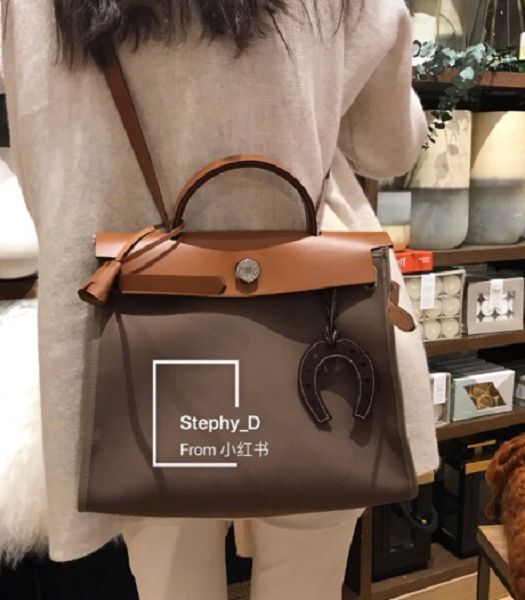 Hermes Herbag Elephant Grey Canvas With Brown Imported Leather 31 Zip Tote Handbag