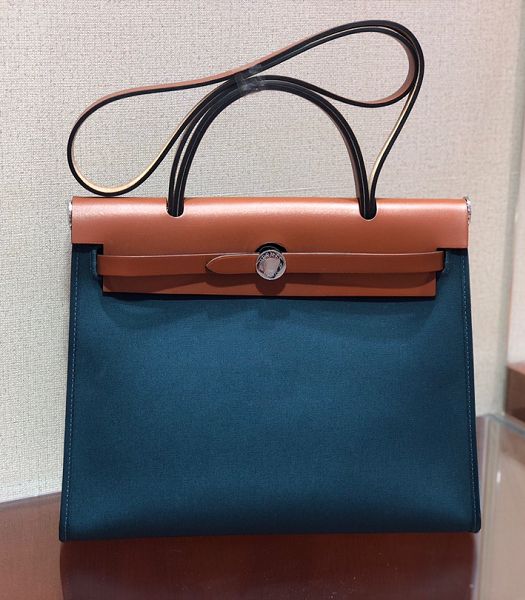 Hermes Herbag Middle Blue Canvas With Brown Imported Leather 31 Zip Tote Handbag