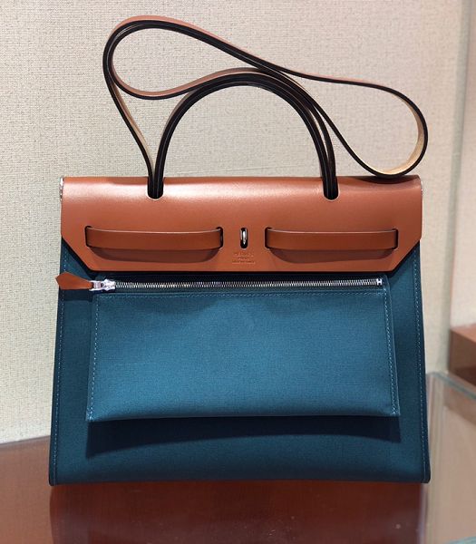 Hermes Herbag Middle Blue Canvas With Brown Imported Leather 31 Zip Tote Handbag