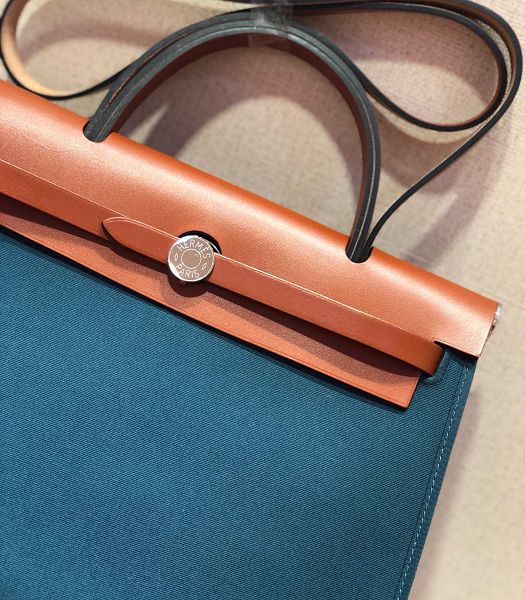 Hermes Herbag Middle Blue Canvas With Brown Imported Leather 31 Zip Tote Handbag