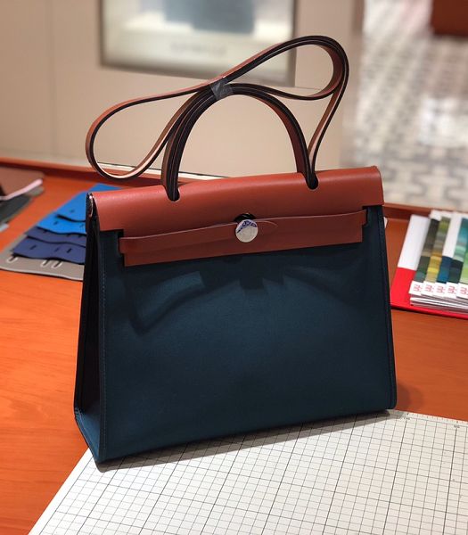 Hermes Herbag Middle Blue Canvas With Brown Imported Leather 31 Zip Tote Handbag