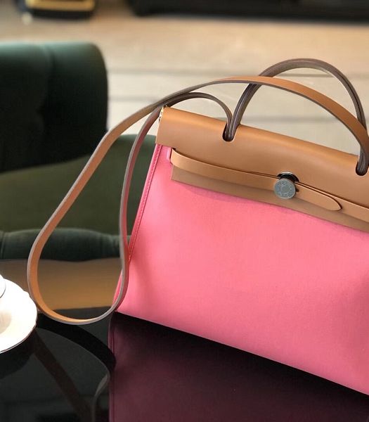 Hermes Herbag Pink Canvas With Light Brown Imported Leather 31 Zip Tote Handbag