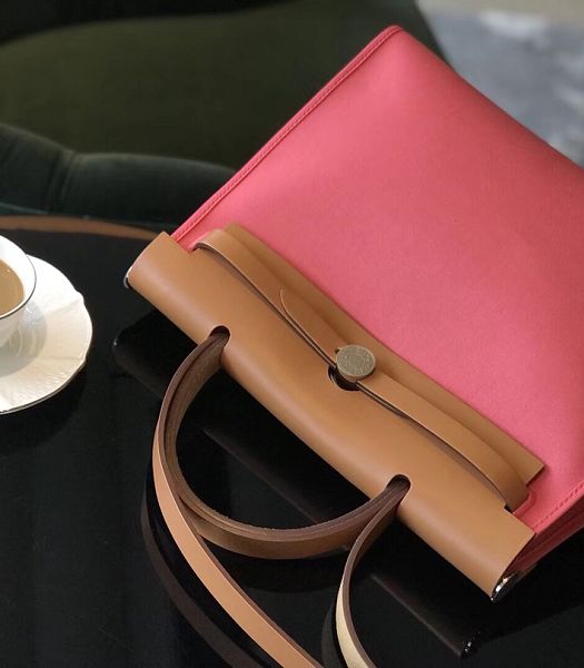 Hermes Herbag Pink Canvas With Light Brown Imported Leather 31 Zip Tote Handbag