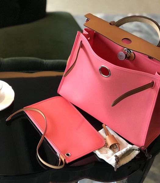 Hermes Herbag Pink Canvas With Light Brown Imported Leather 31 Zip Tote Handbag