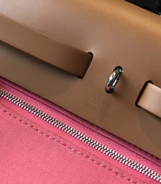 Hermes Herbag Pink Canvas With Light Brown Imported Leather 31 Zip Tote Handbag
