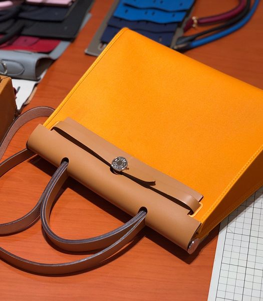 Hermes Herbag Light Yellow Canvas With Light Brown Imported Leather 31 Zip Tote Handbag