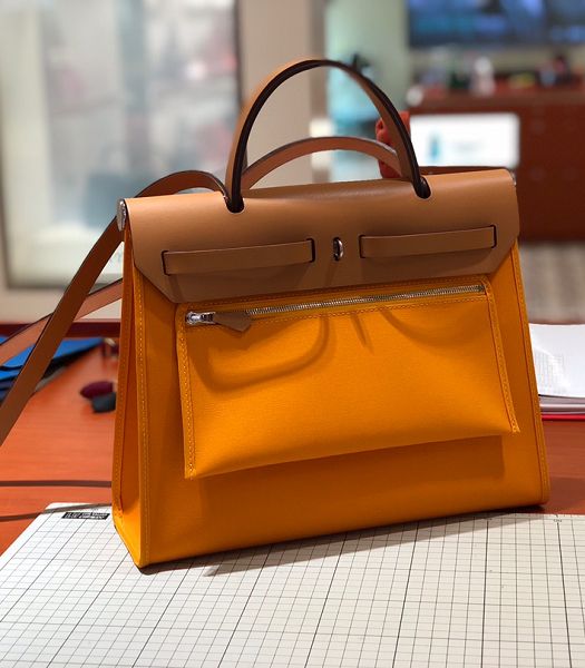 Hermes Herbag Light Yellow Canvas With Light Brown Imported Leather 31 Zip Tote Handbag