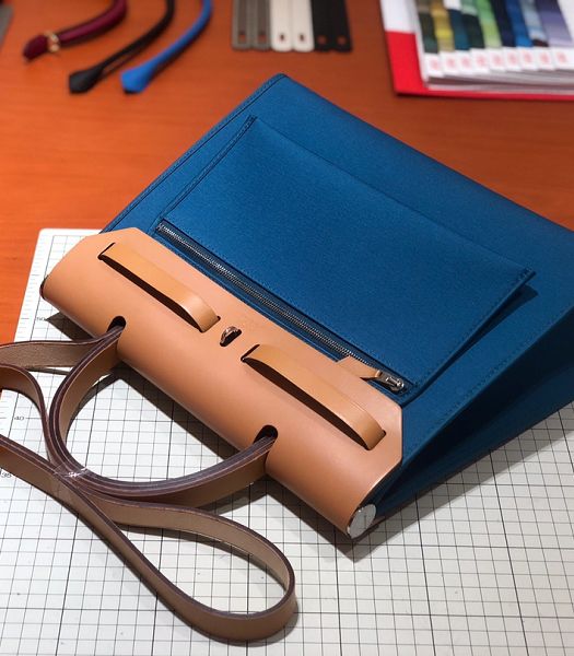 Hermes Herbag Blue Canvas With Light Brown Imported Leather 31 Zip Tote Handbag