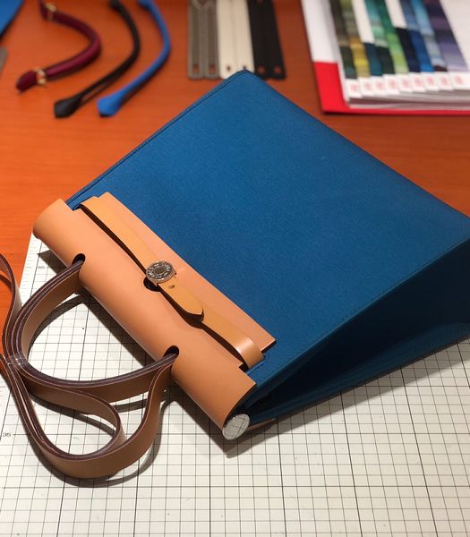 Hermes Herbag Blue Canvas With Light Brown Imported Leather 31 Zip Tote Handbag