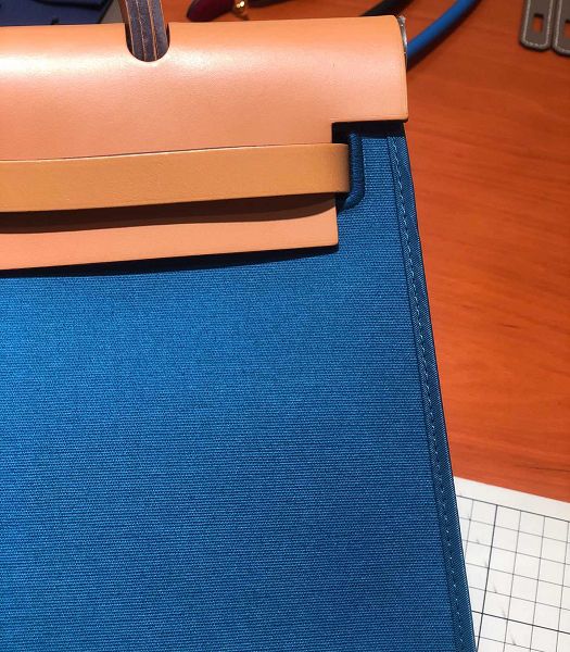 Hermes Herbag Blue Canvas With Light Brown Imported Leather 31 Zip Tote Handbag