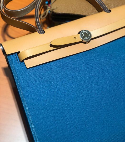 Hermes Herbag Blue Canvas With Light Brown Imported Leather 31 Zip Tote Handbag