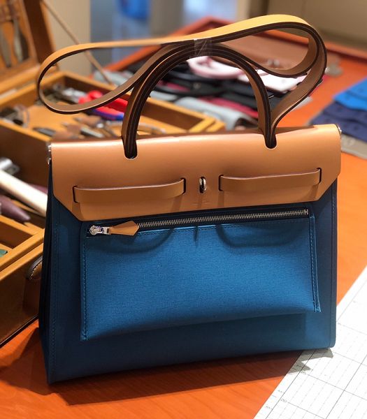 Hermes Herbag Blue Canvas With Light Brown Imported Leather 31 Zip Tote Handbag
