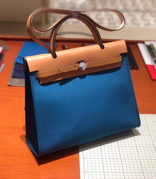 Hermes Herbag Blue Canvas With Light Brown Imported Leather 31 Zip Tote Handbag