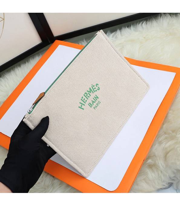 Hermes Green Logo Print Grey Original Canvas Zippy Clutch