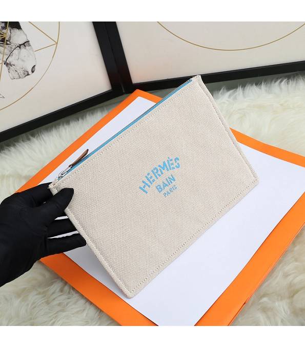 Hermes Blue Logo Print Grey Original Canvas Zippy Clutch