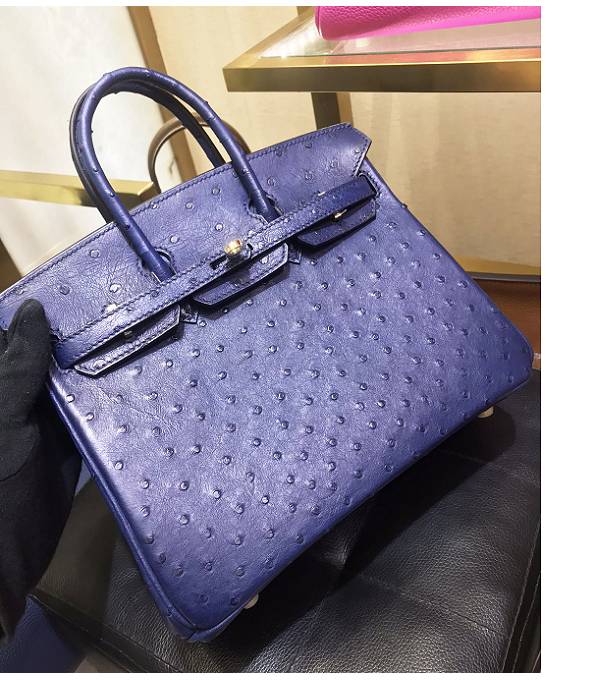 Hermes Birkin 25cm Bag Sapphire Blue Original Ostrich Leather Golden Metal