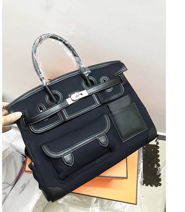 Hermes Birkin 35cm Bag Black Canvas With Original Swift Calfskin Leather Silver Metal