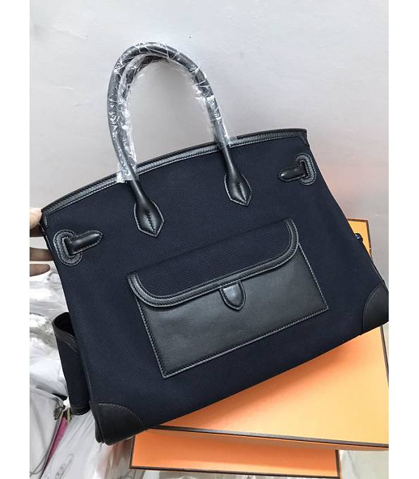 Hermes Birkin 35cm Bag Black Canvas With Original Swift Calfskin Leather Silver Metal