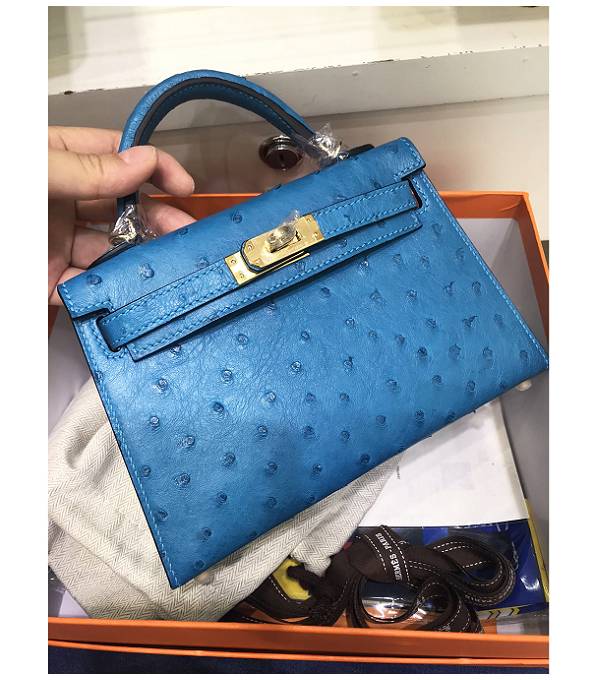 Hermes Kelly 19cm Bag Blue Original Ostrich Leather Golden Metal