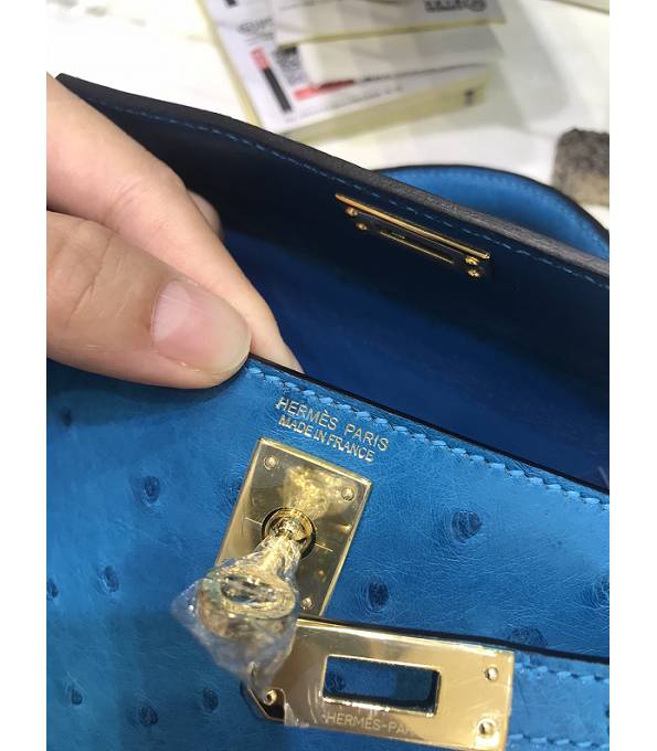 Hermes Kelly 19cm Bag Blue Original Ostrich Leather Golden Metal