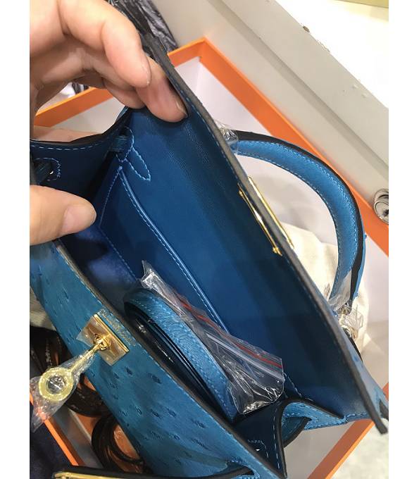 Hermes Kelly 19cm Bag Blue Original Ostrich Leather Golden Metal