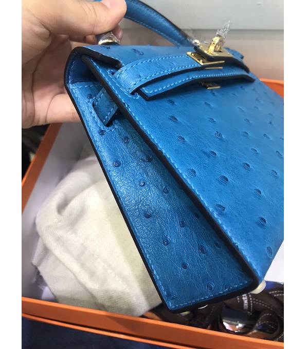 Hermes Kelly 19cm Bag Blue Original Ostrich Leather Golden Metal