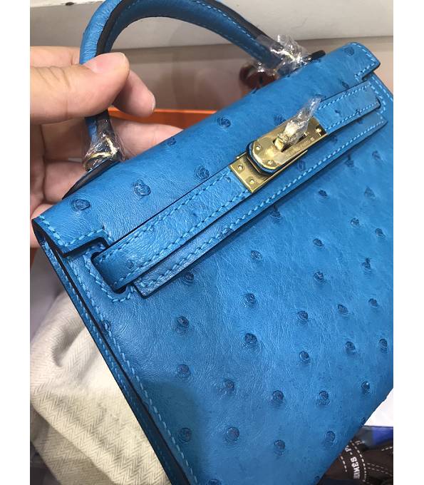 Hermes Kelly 19cm Bag Blue Original Ostrich Leather Golden Metal