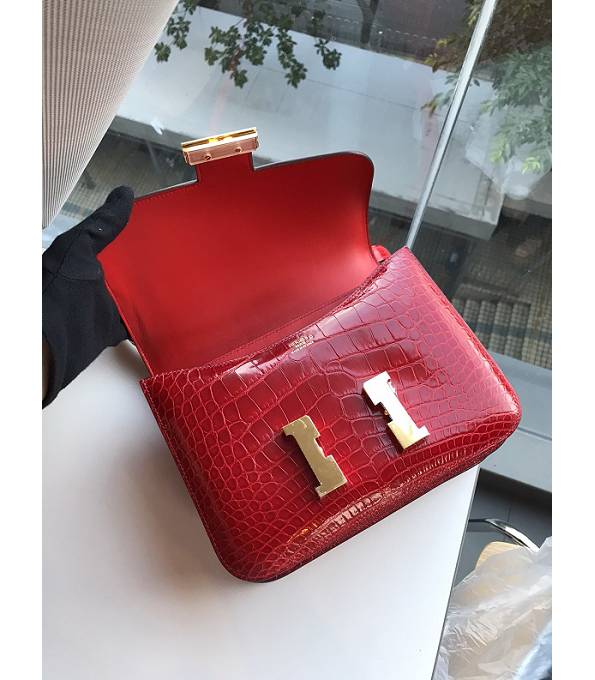 Hermes Constance 24cm Bag Red Real Croc Leather Golden Metal