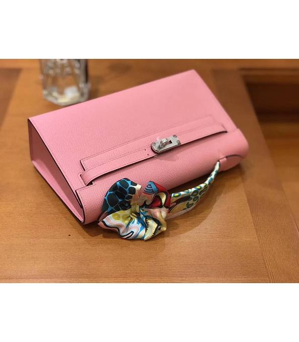 Hermes Kelly Pochette 22cm Bag Cherry Pink Original Epsom Palm Leather Silver Metal