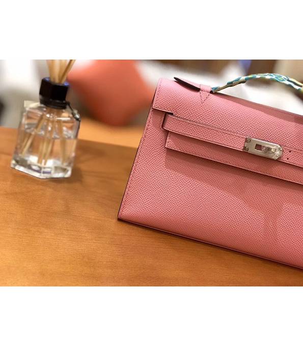 Hermes Kelly Pochette 22cm Bag Cherry Pink Original Epsom Palm Leather Silver Metal