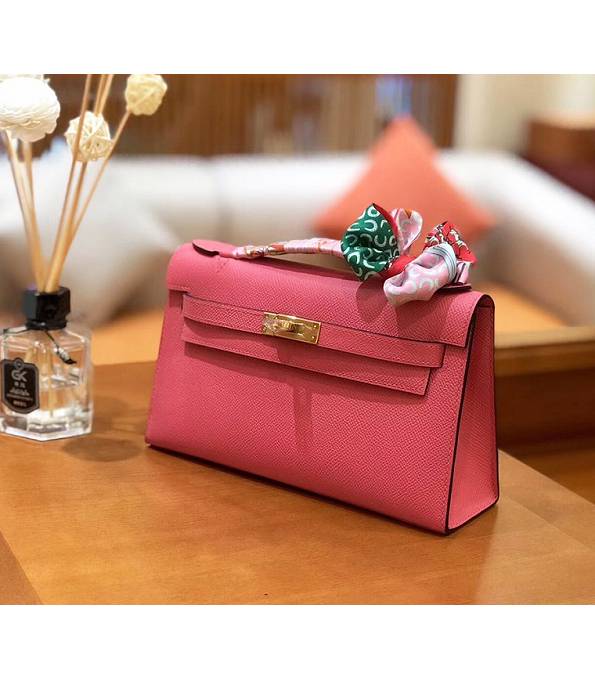 Hermes Kelly Pochette 22cm Bag Lipstick Pink Original Epsom Palm Leather Golden Metal