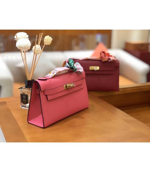 Hermes Kelly Pochette 22cm Bag Lipstick Pink Original Epsom Palm Leather Golden Metal