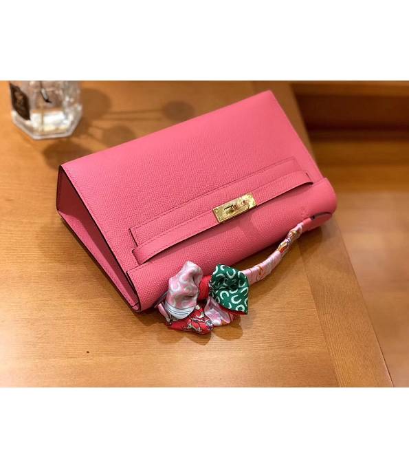 Hermes Kelly Pochette 22cm Bag Lipstick Pink Original Epsom Palm Leather Golden Metal