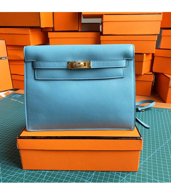 Hermes Kelly 22cm DanSe North Blue Original Swift Leather Golden Metal Handbag