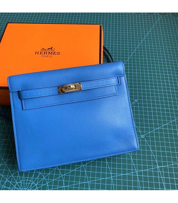 Hermes Kelly 22cm DanSe Hydra Blue Original Swift Leather Golden Metal Handbag