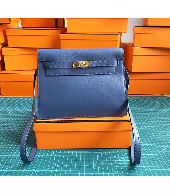 Hermes Kelly 22cm DanSe Greece Blue Original Swift Leather Golden Metal Handbag