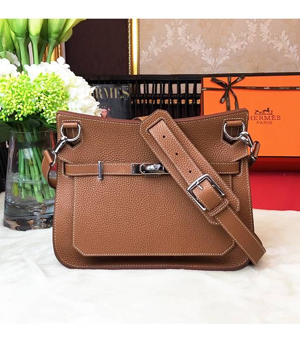 Hermes Small Jypsiere Brown Original Litchi Veins Calfskin Leather Messenger Bag Silver Metal