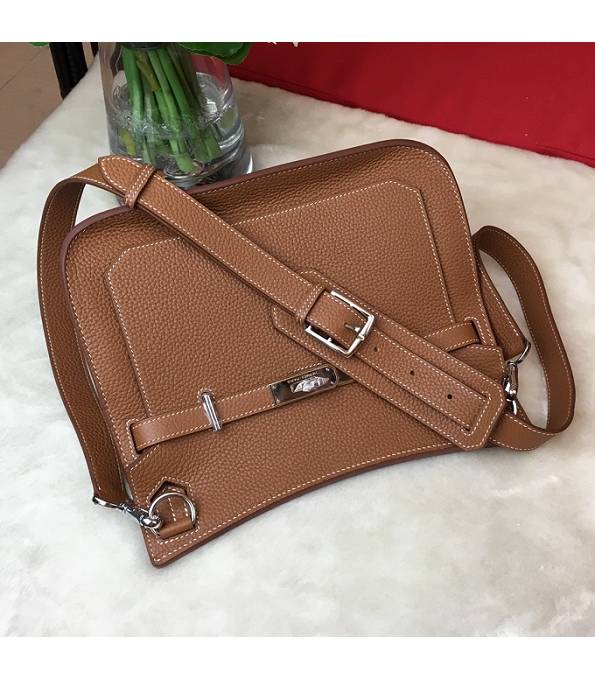 Hermes Small Jypsiere Brown Original Litchi Veins Calfskin Leather Messenger Bag Silver Metal