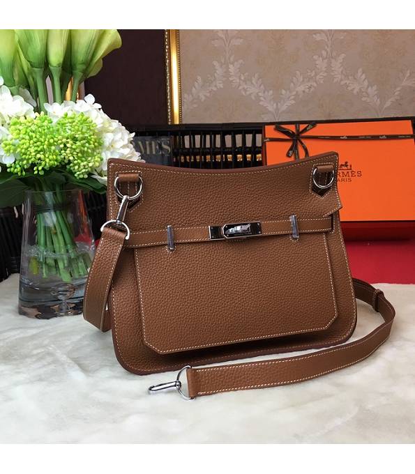 Hermes Small Jypsiere Brown Original Litchi Veins Calfskin Leather Messenger Bag Silver Metal
