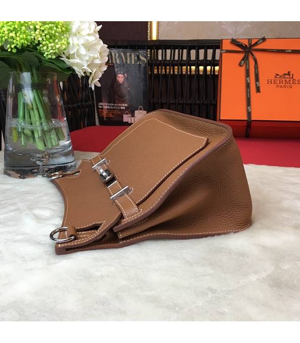 Hermes Small Jypsiere Brown Original Litchi Veins Calfskin Leather Messenger Bag Silver Metal