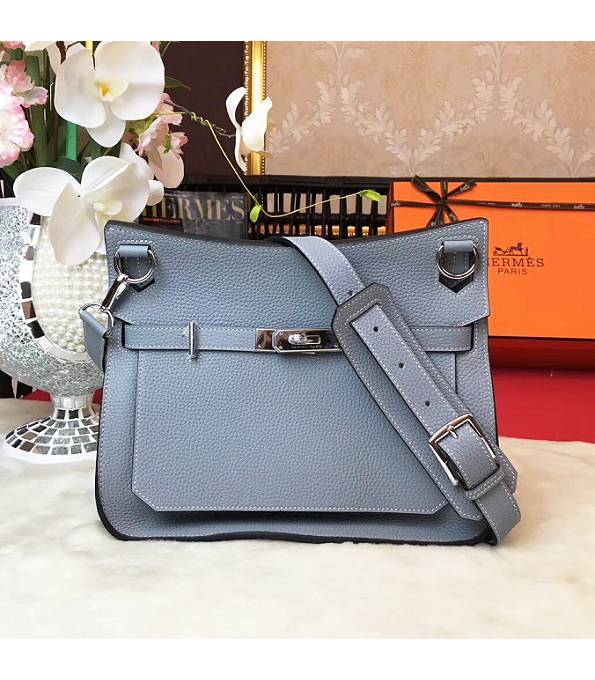 Hermes Small Jypsiere Grey Blue Original Litchi Veins Calfskin Leather Messenger Bag Silver Metal