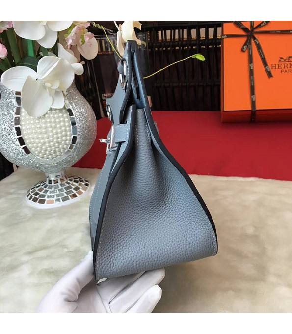 Hermes Small Jypsiere Grey Blue Original Litchi Veins Calfskin Leather Messenger Bag Silver Metal